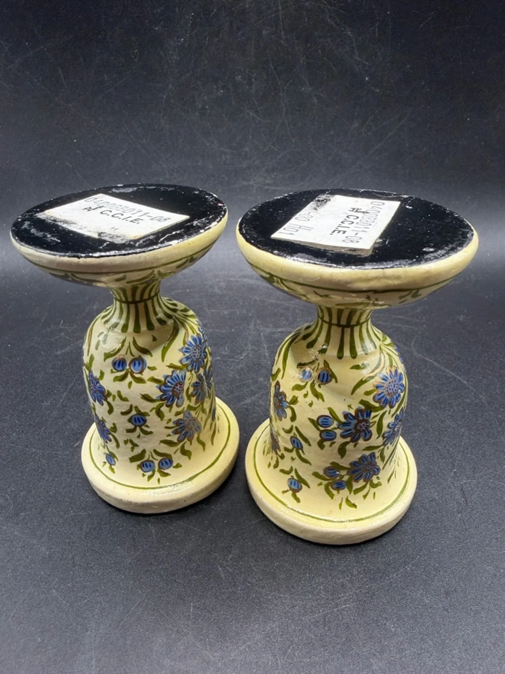 Pair Hand Painted Blue & Gold Tone Floral Flower Candlesticks Candle Holders
